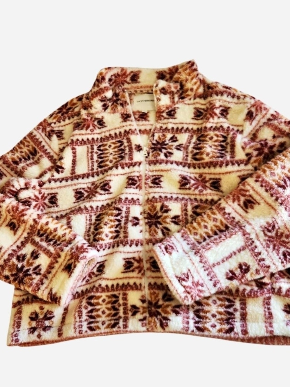 Lucky Brand Ivory Sherpa Zip Jacket with Burgundy & Rust Accents
